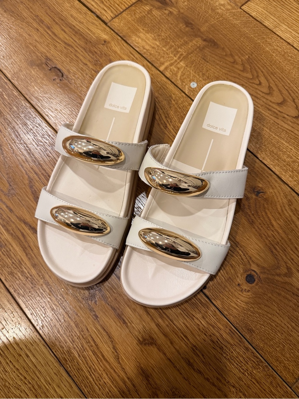 Dolce Vita Cream Slide Sandals with Gold Accents